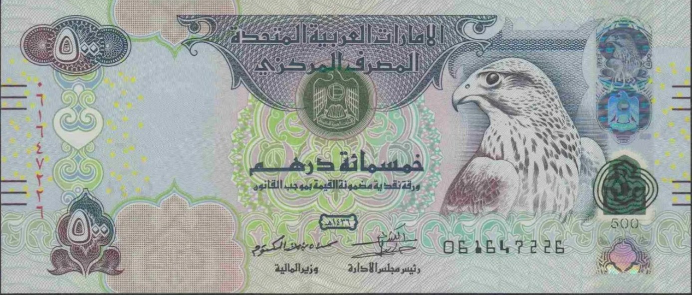 An example of a UAE banknote featuring a falcon image